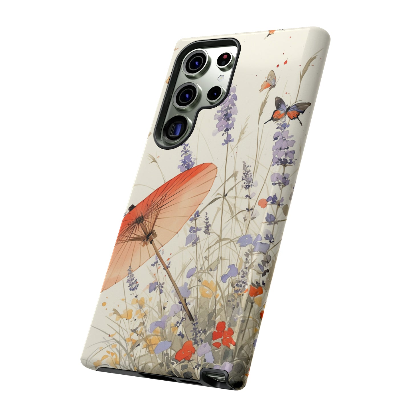 Japanese Vintage Minimalist Soft Lavender & Butterflies iPhone Case, Samsung Case