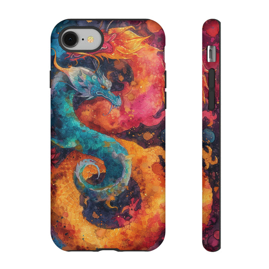 Classic Watercolor Twin Dragon Phone Case, Abstract Aesthetic