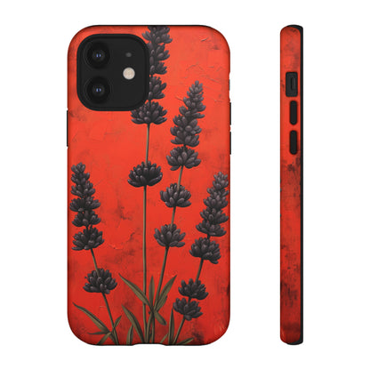 Minimalist Red and Black Lavender Flowers, Vintage Wildflowers iPhone Case