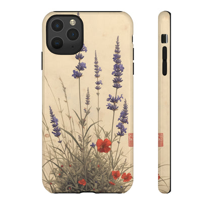 Thin Red and Lavender Flowers, Vintage Wildflowers Phone Case