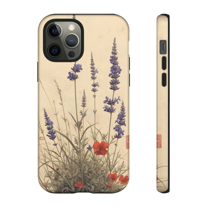 Thin Red and Lavender Flowers, Vintage Wildflowers Phone Case