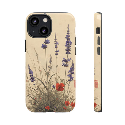 Thin Red and Lavender Flowers, Vintage Wildflowers Phone Case