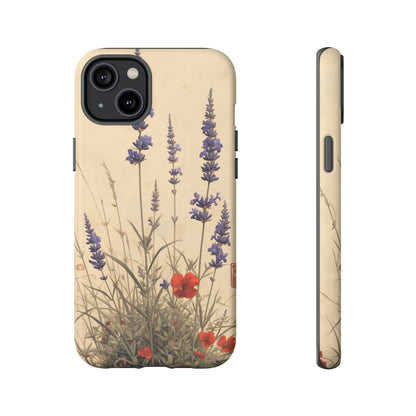 Thin Red and Lavender Flowers, Vintage Wildflowers Phone Case