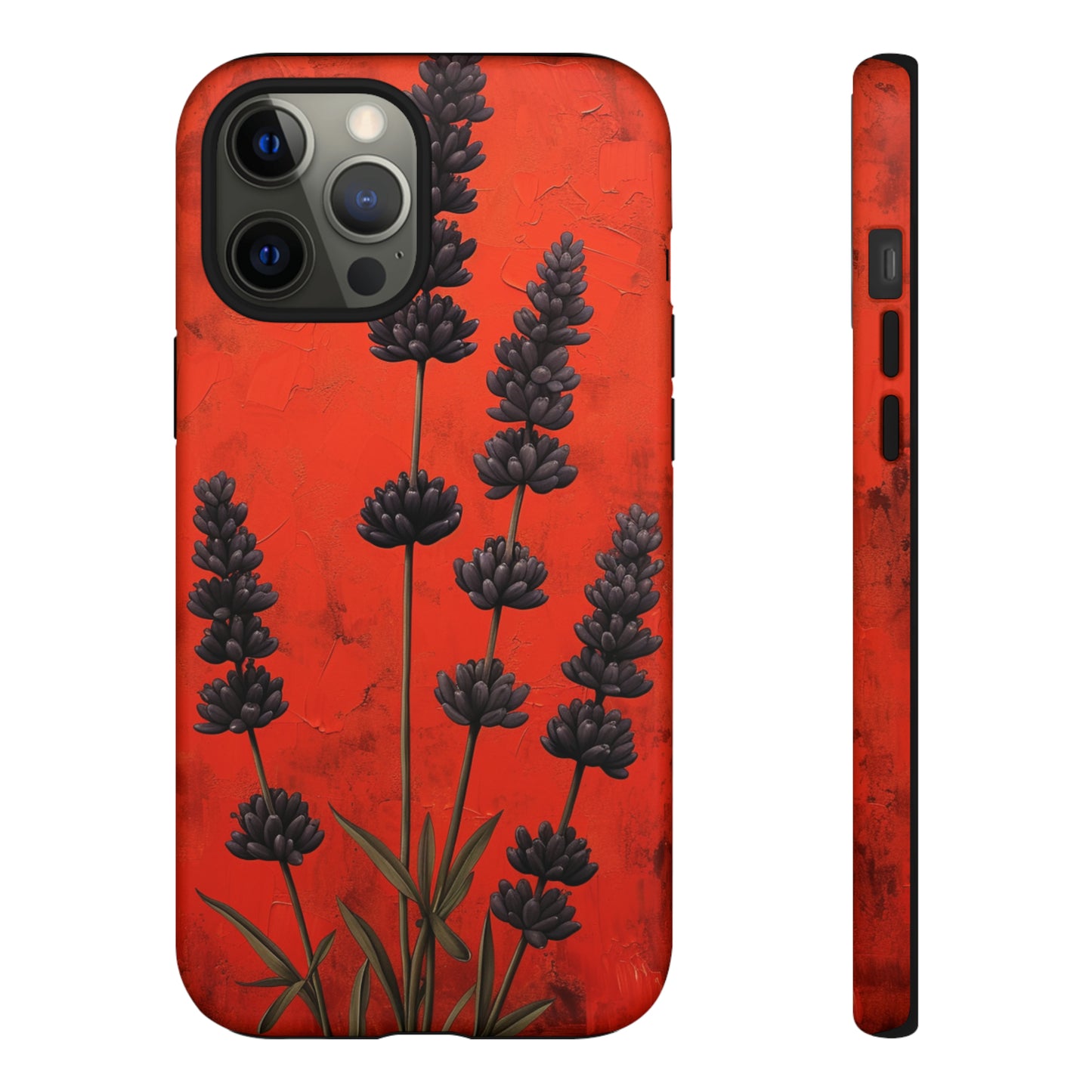 Minimalist Red and Black Lavender Flowers, Vintage Wildflowers iPhone Case